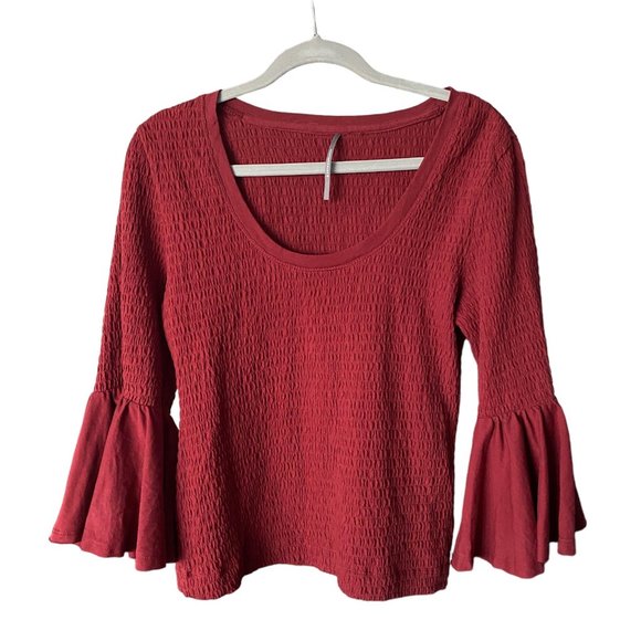 Anthropologie  Dark Red Smocked Bell-Sleeve Top Size M - Picture 3 of 9
